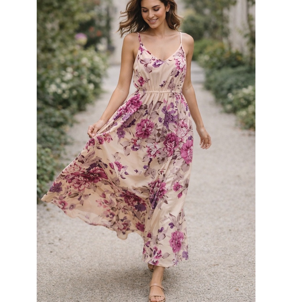 JustFashionNow Maxi Dress Women 3XL Pink NWT Floral V-Neck‎ Spaghetti Strap